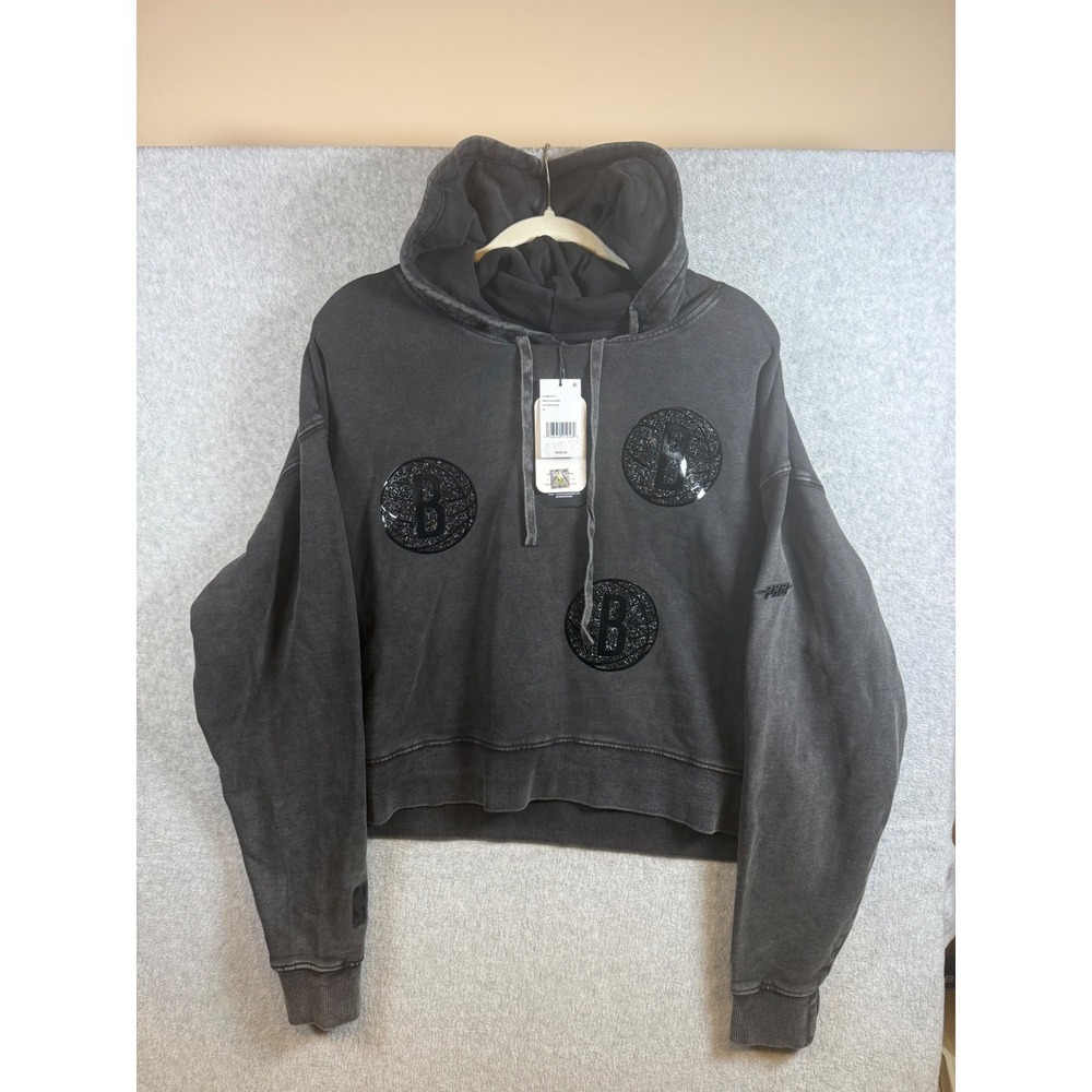 Pro Standard Brooklyn Nets NBA Cropped Hoodie XL Charcoal Gray Glitter Logo